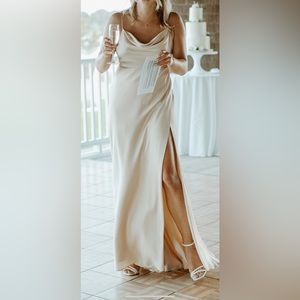 Fame and partners Strappy Draped Gown - matte-satin light nude. Size 8.